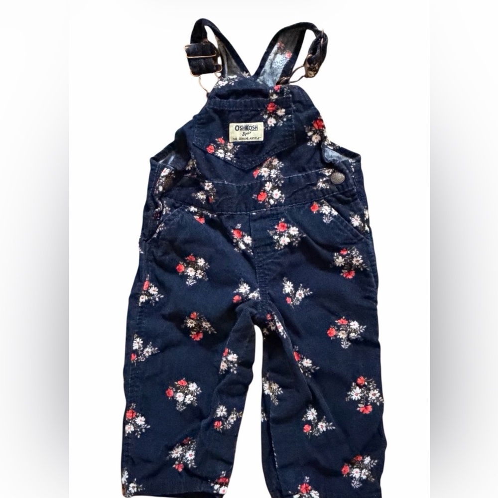 OshKosh B'gosh Navy corduroy Floral Kids Overalls  vintage  size 9 month